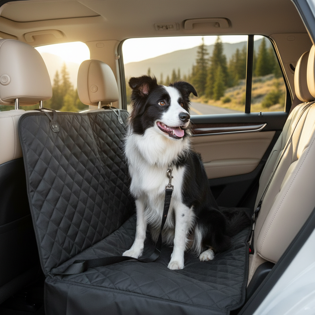 Happy border collie sitting on Wagsy waterproof dog car seat cover in modern SUV
