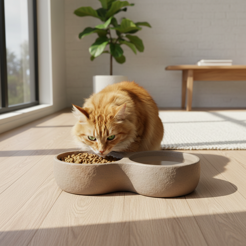 Fluffy cat eating from Wagsy 2-in-1 pet bowl on Scandinavian timber floor